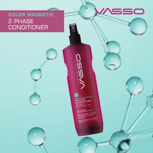 Vasso Color Magnetic 2 Phase Conditioner bottle with molecular models on a light blue background