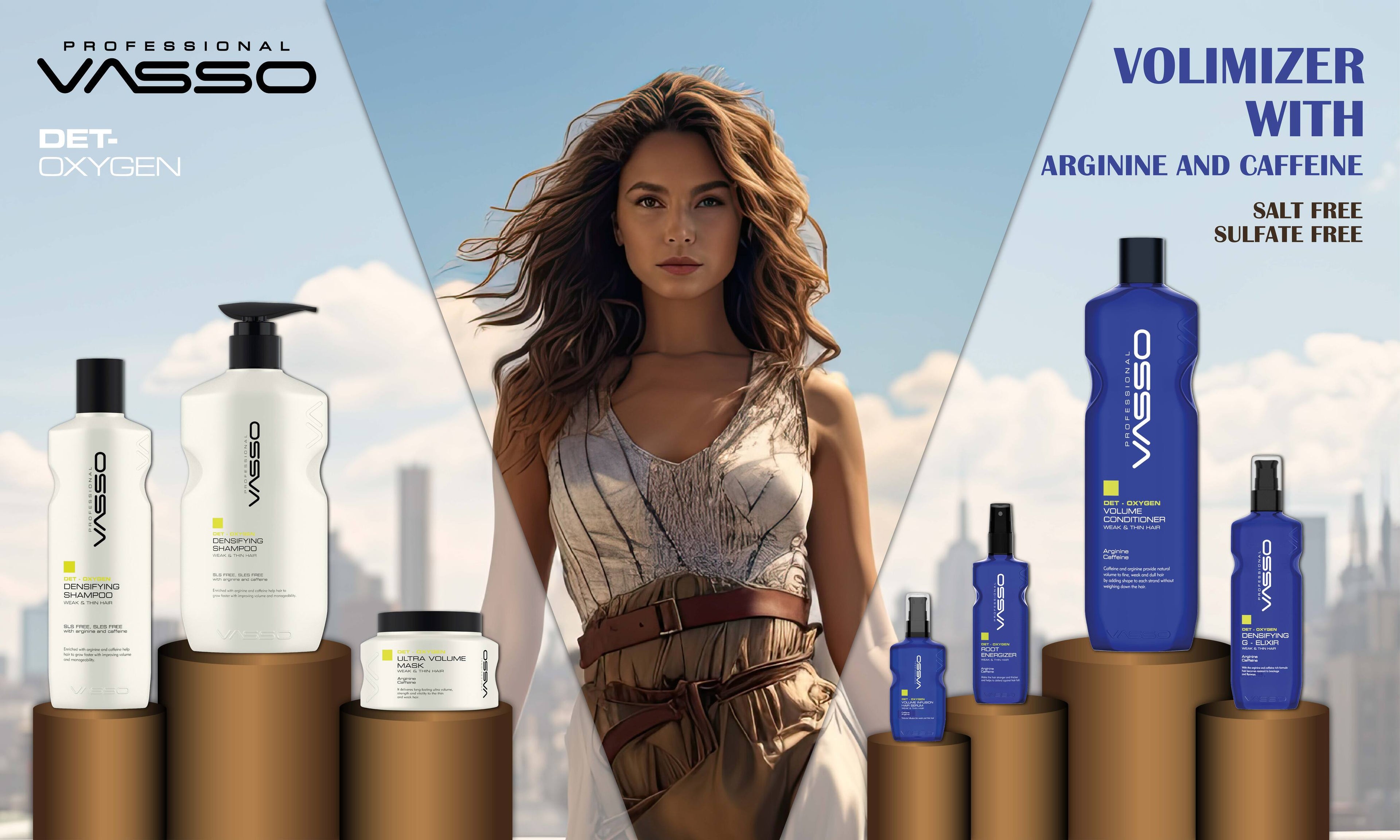 VASSO hair care products with a model against a cityscape background