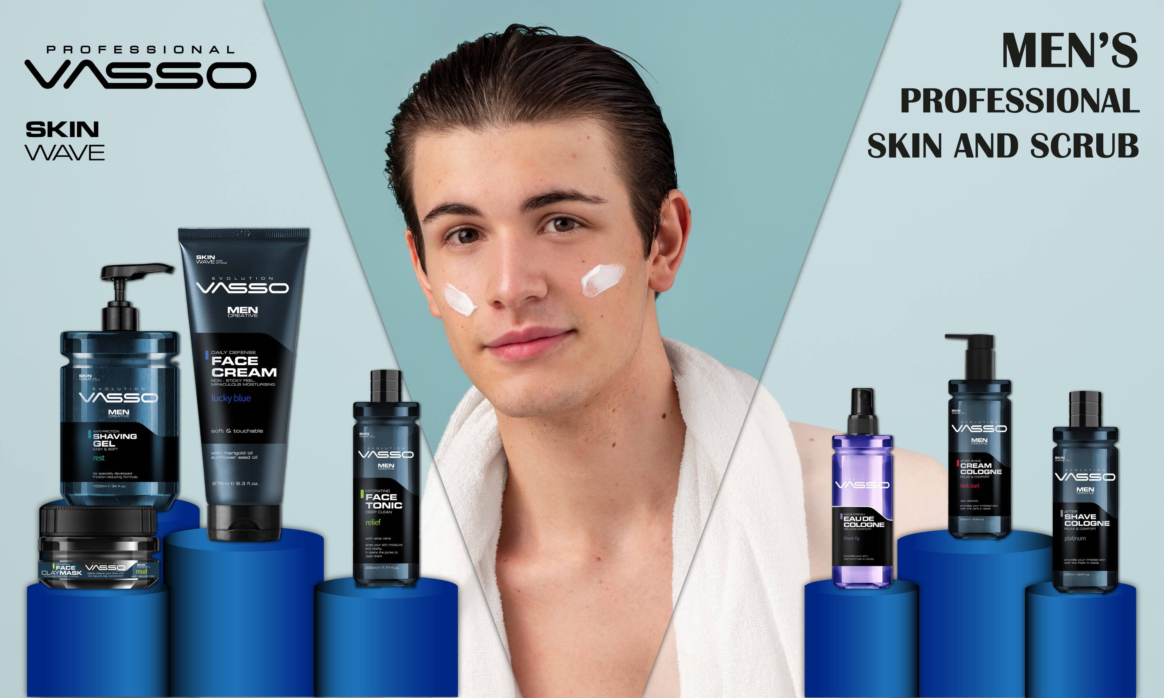 Vasso men's skincare products with a model applying cream on his face against a blue background