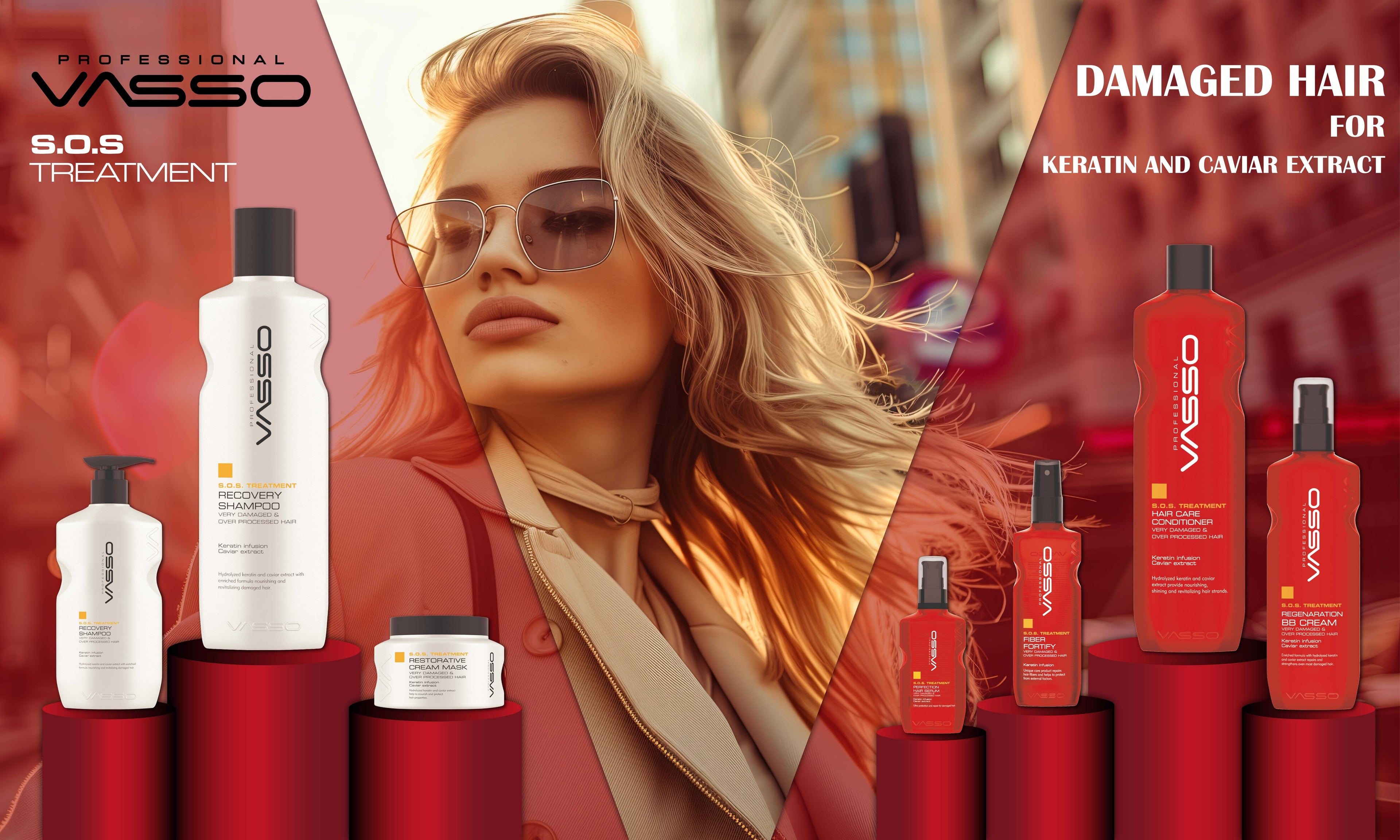 Vasso hair care products with a woman in sunglasses and a coat, set against a blurred cityscape.