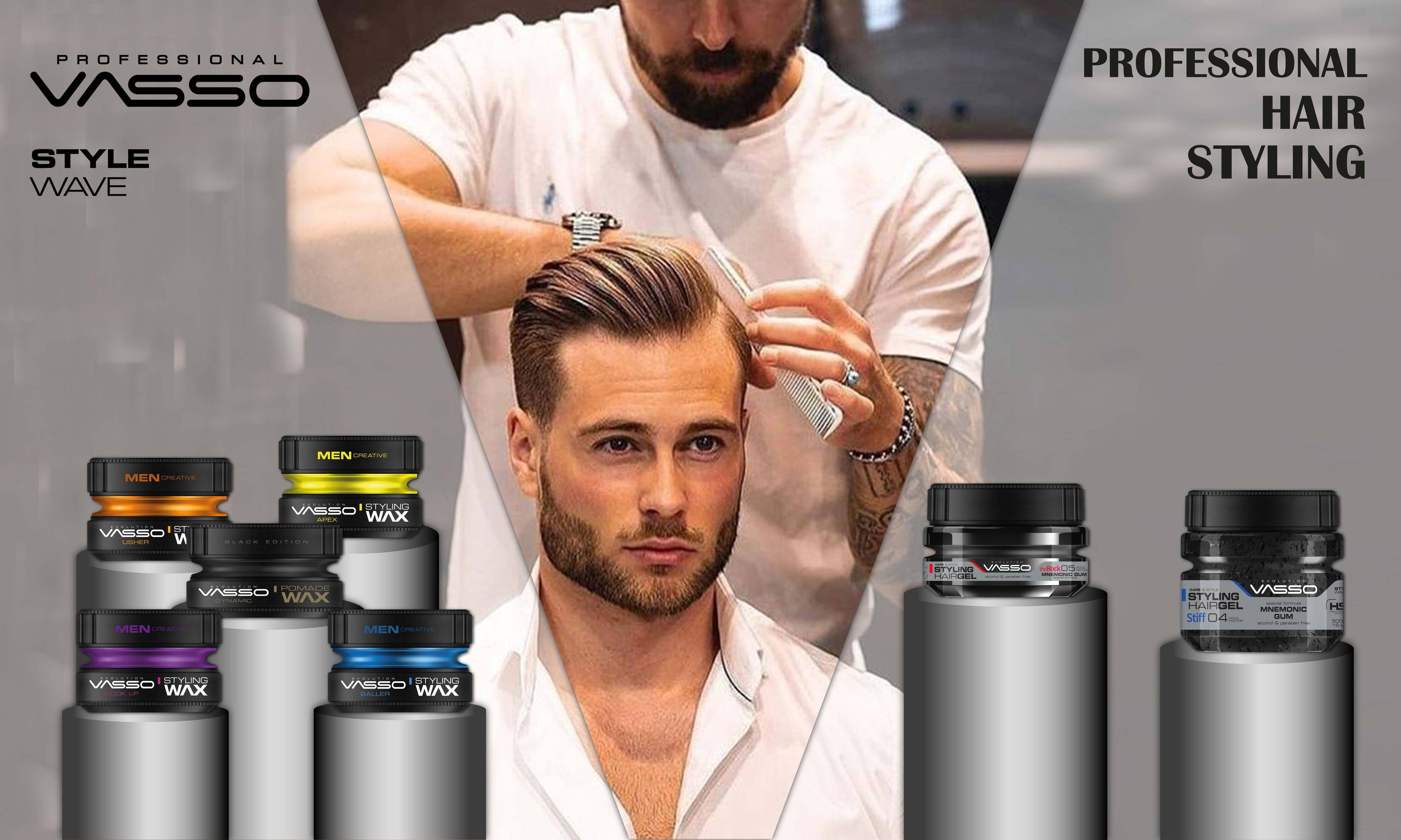Man getting hair styled by a professional with Vasso hair products displayed.